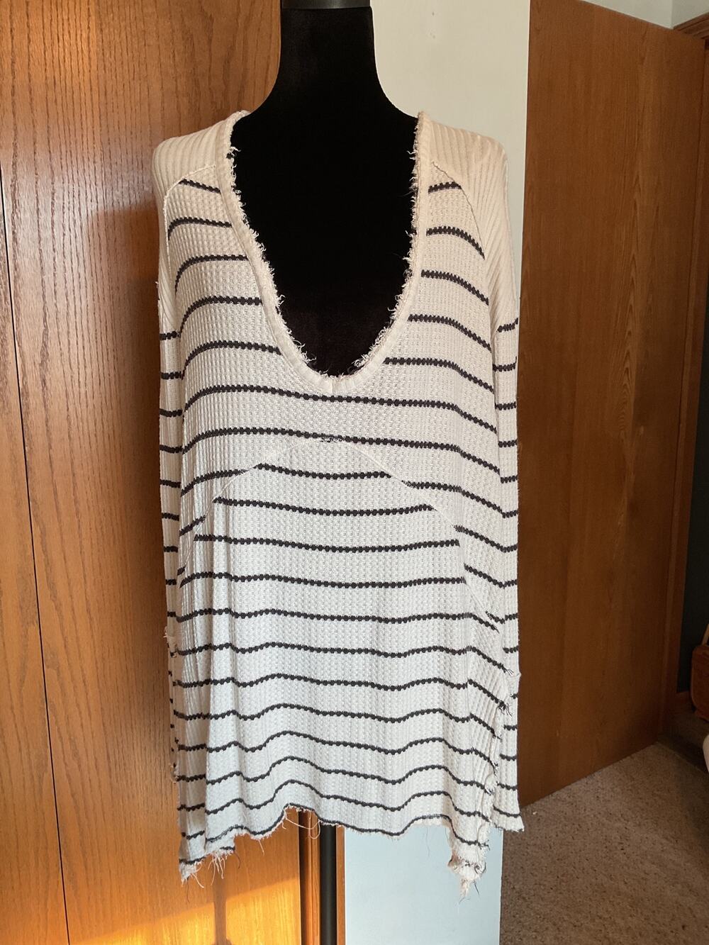 Free People Cream Black Striped Textured Boucle Knit Top Sweater Women's Size M
